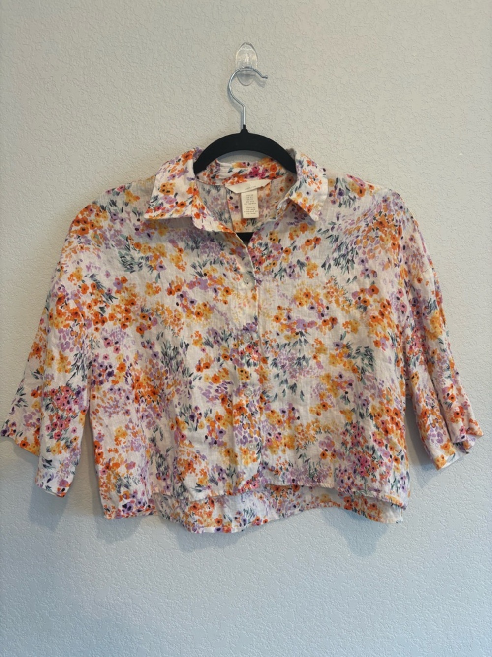 H&M Linen Floral Crop Button Up Blouse XS Multicolor Short Sleeve - Picture 2 of 10